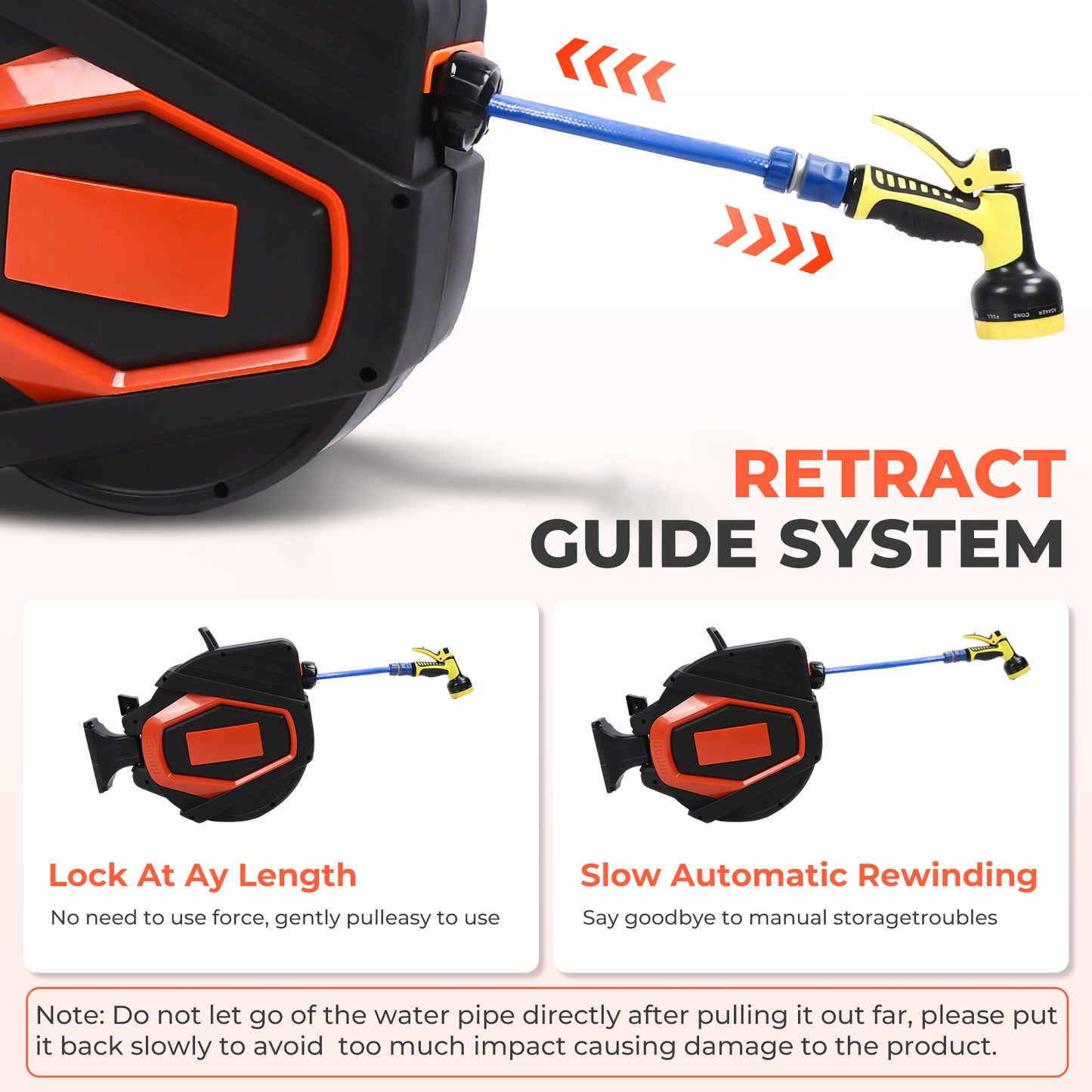 Retractable Garden Hose Reel 5/8 In X 100 Ft Automatic Wall Mounted Water Hose With 10 Pattern Nozzle Any Length Lock Slow Retraction 180 Swivel