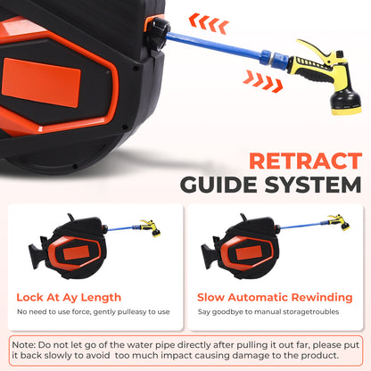 Retractable Garden Hose Reel 5/8 In X 100 Ft Automatic Wall Mounted Water Hose With 10 Pattern Nozzle Any Length Lock Slow Retraction 180 Swivel