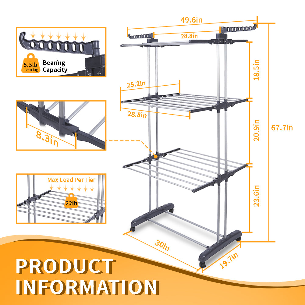 4-Tier Clothes Drying Rack w/ Casters, Clothes Dryer Hanger Stainless Steel Garment Laundry Racks Movable with Foldable Indoor Outdoor Bedroom Balcony