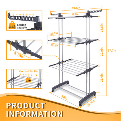 4-Tier Clothes Drying Rack w/ Casters, Clothes Dryer Hanger Stainless Steel Garment Laundry Racks Movable with Foldable Indoor Outdoor Bedroom Balcony
