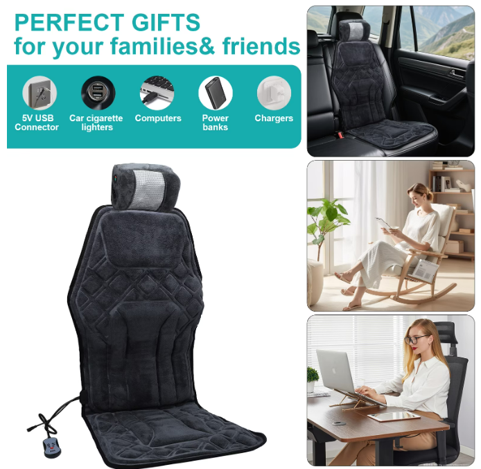 Seat Massager Cushion with Heat & Vibration, Deep Tissue Back & Neck Massage, Chair Pillow for Home, Office, Car