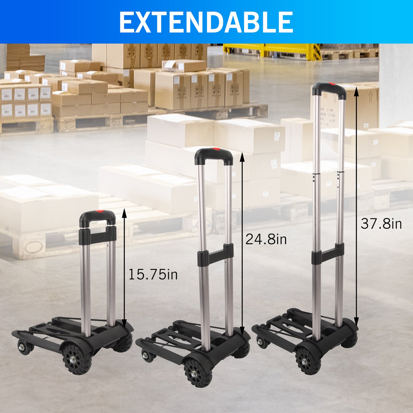 Folding Hand Truck, Lightweight Luggage Cart Foldable, Iron Tube Luggage Trolley Dolly with 4 Rotate Wheels, Pull Rod, Collapsible for Moving Travel Shopping Airport Office