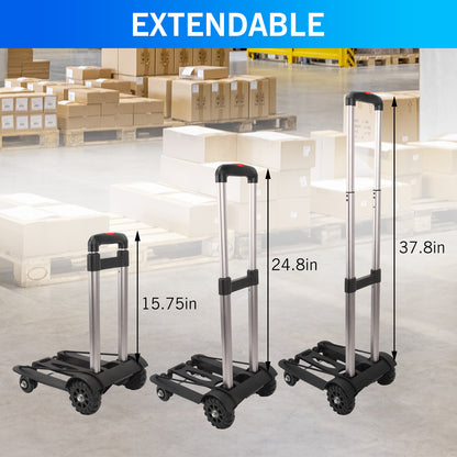Folding Hand Truck, Lightweight Luggage Cart Foldable, Iron Tube Luggage Trolley Dolly with 4 Rotate Wheels, Pull Rod, Collapsible for Moving Travel Shopping Airport Office