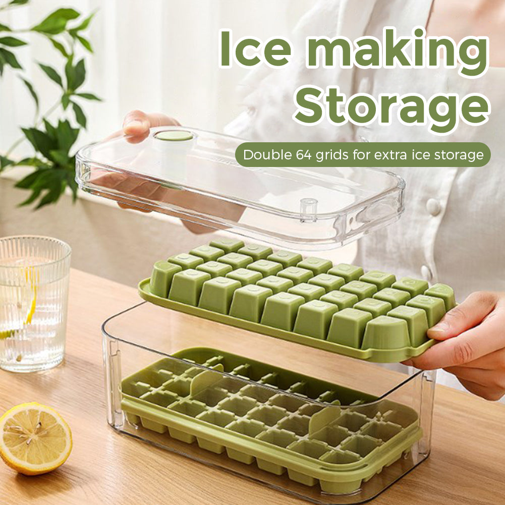 Ice Cube Tray for Freezer, 64 Nuggets Ice Cubes Molds with Lid and Bin, Silicone Ice Freezer Container, Spill- Removable Lid & Ice Scoop, for Whiskey,Cocktail ,Green