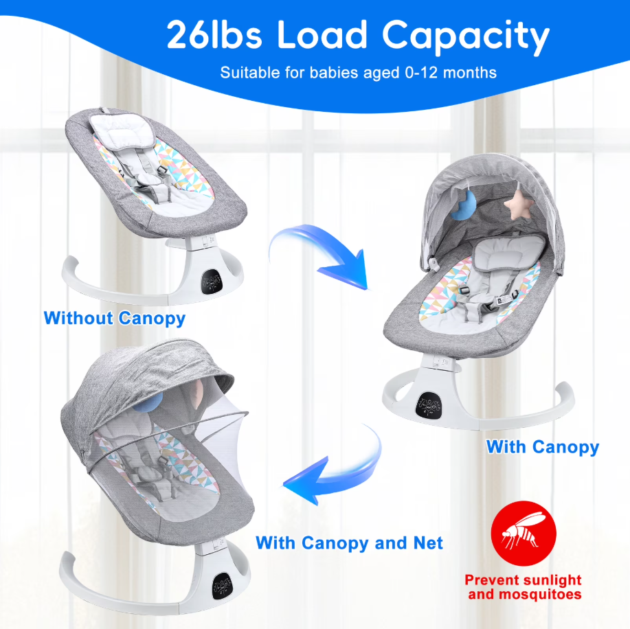 Baby Swing with Bluetooth Remote, 5-Speed Gentle Rocking, Portable Infant Swing for Newborn 0-12M up to 26lbs, Gray