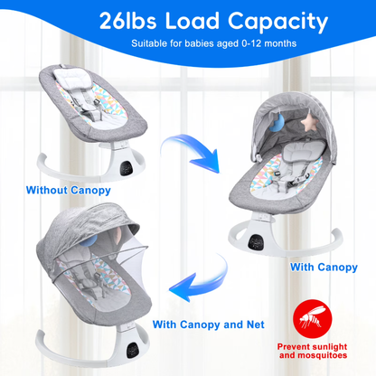 Baby Swing with Bluetooth Remote, 5-Speed Gentle Rocking, Portable Infant Swing for Newborn 0-12M up to 26lbs, Gray