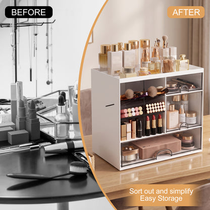 Makeup Organizer with Drawers for Vanity,Bathroom Countertop Organizer with Brushes Holder,Plastic Skincare Storage Organizer,Cosmetic Display Case Gift for Women Girl Mom