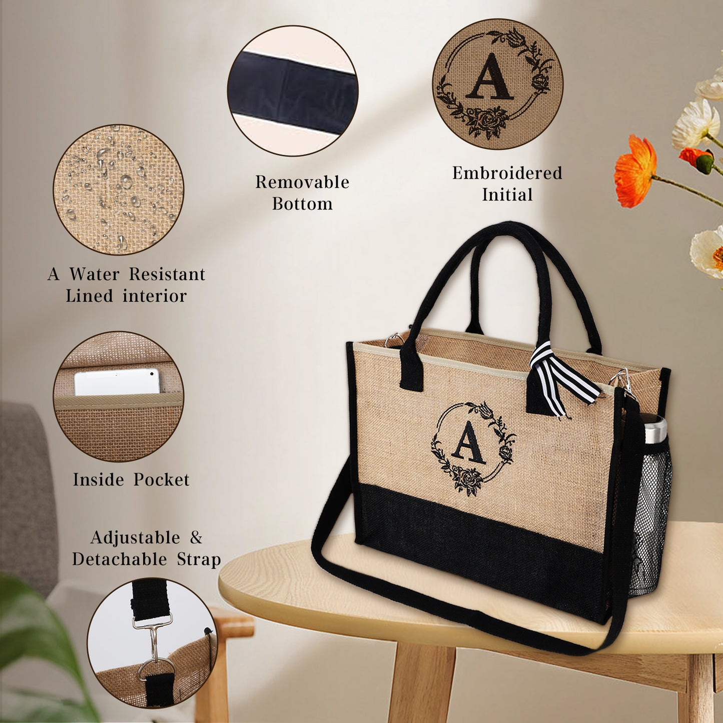 Initial Jute Tote Bag Set for Women, Makeup Bag with Pockets Adjustable Strap, Beach Tote Bag Travel Essential for Mothers Day Birthday Gifts