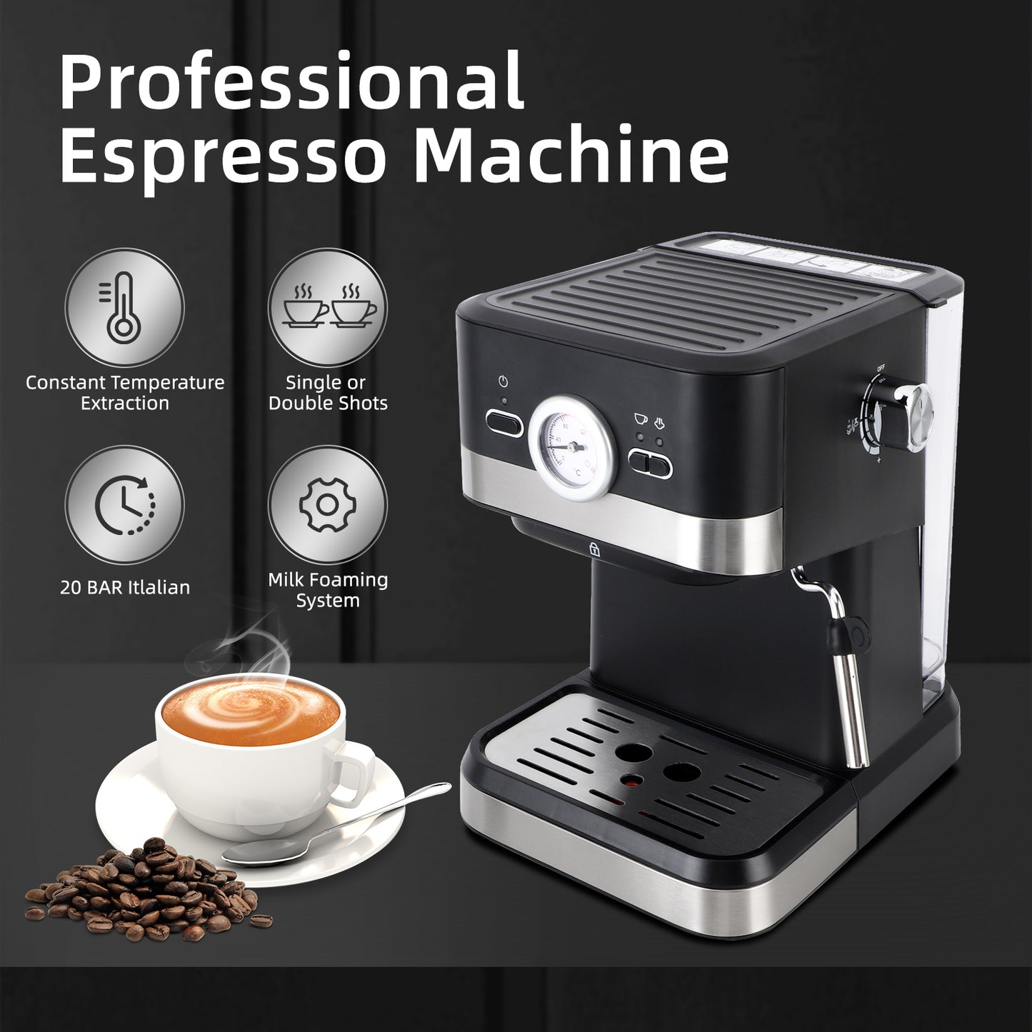 Espresso Machine 20 Bar, 1.5L Water Tank Pressure Gauge Milk Frother Steam, Stainless Steel Coffee Maker for Espresso, Latte, Mocha, Americano, 1050W, Black