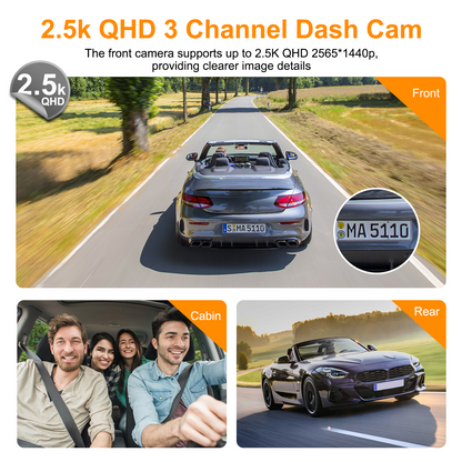 3 Channel Dual Dash Cam, Front Rear 4K/2.5K+1440P 3.16" Full HD With 64GB Card Car Dashboard Recorder IPS Screen ,Night Vision Wide Angle, G-Sensor, 24H Parking, Loop