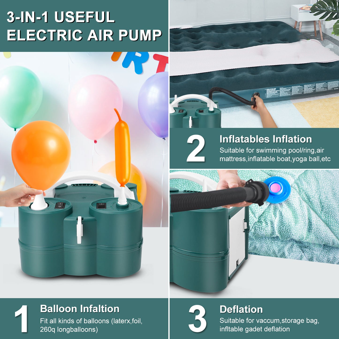 Electric Balloon Pump, 3-in-1 Air Pump for Inflatables and Balloons, for Latex 260q Foil Balloons, Quick-Fill 600W 110V AC Inflator Deflator for Pool Floats Air Mattress
