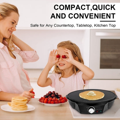 12" Griddle & Crepe Maker, Non-Stick Electric Crepe Pan W/Batter Spreader- Use for Blintzes Eggs Pancakes, Adjustable Temperature Settings for Breakfast or Dessert