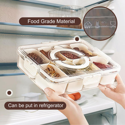 8 Compartments Divided Serving Tray with Lid and Handle Portable Snack Platters Organizer Snackle Box for Fruit, Snack, Nuts, Candy, Seasoning, Party and Travel