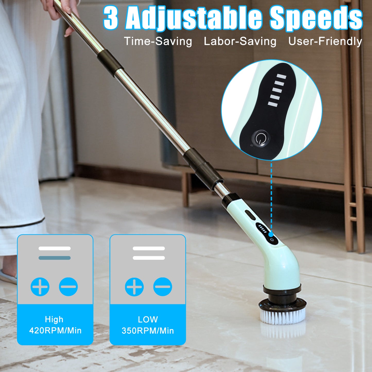 Cordless Power Scrubber with Extension Handle & 9 Replaceable Heads,Shower Cleaning Brush Household Tools for Bathroom & Tub & Tile Floor