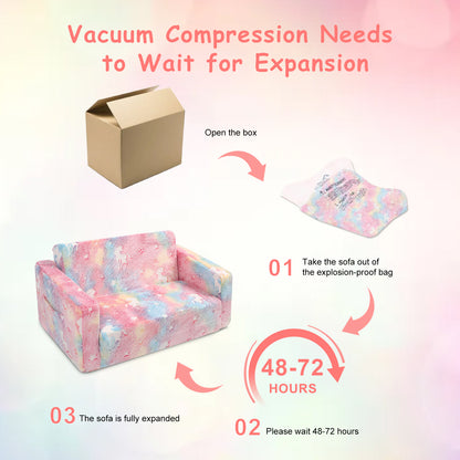 Toddler Couch, Toddler Chair Folding, Kids Couch 2 In 1, In The Dark Open Couch,Baby Convertible Sofa for Playroom Extra Wide Soft 2 Seats, Gifts For Kids, Sleeper For Girls Boys,Pink