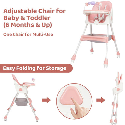 4-in-1 Baby High Chair, Convertible High Chair for Babies and Toddlers, Portable Folding Dining Chairs Eat & Play with Five-Point Harness, Double-Layer Dinner Plate, Toy Rack, Spoon, Fork, Bowl, Pink
