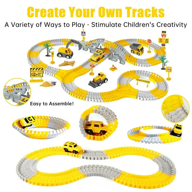 255 PCS Construction Race Tracks for Kids Toys, 4 Construction Cars and Flexible Race Track Playset, Create A Engineering Road Games Engineering Toys for 3 4 5 6 Year Old Boys Girls Toddler Gifts