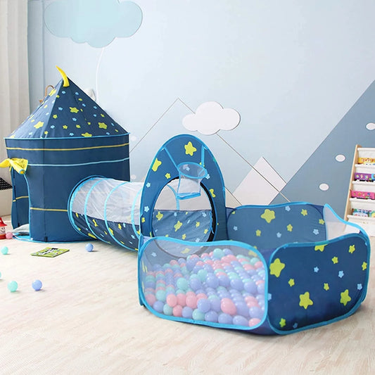 3pcs Baby Play Tent with Crawl Tunnel Basketball Hoop Indoor/Outdoor Kids Boys & Girls Toddler Ball Pit Tent Playhouse for 18 Months-8 Year Old, Blue (No Ocean Balls)