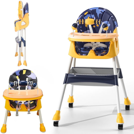 4-in-1 Baby High Chair, Convertible High Chair for Babies and Toddlers, Portable Folding Dining Chairs Eat & Play with Five-Point Harness, Double-Layer Dinner Plate, Toy Rack, Spoon, Fork, Bowl
