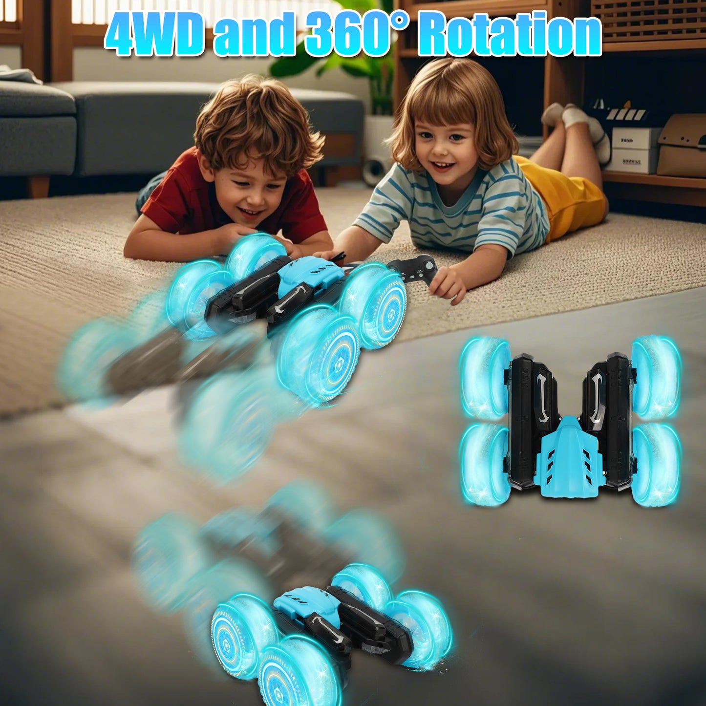 RC Stunt Car with Sound & LED Light Letters Double-Sided Drift 360-degree Flips Rotating Car Toy for Kids 3-12 Year Old, 4WD Remote Control Stunt Car for Boys Kids Girls