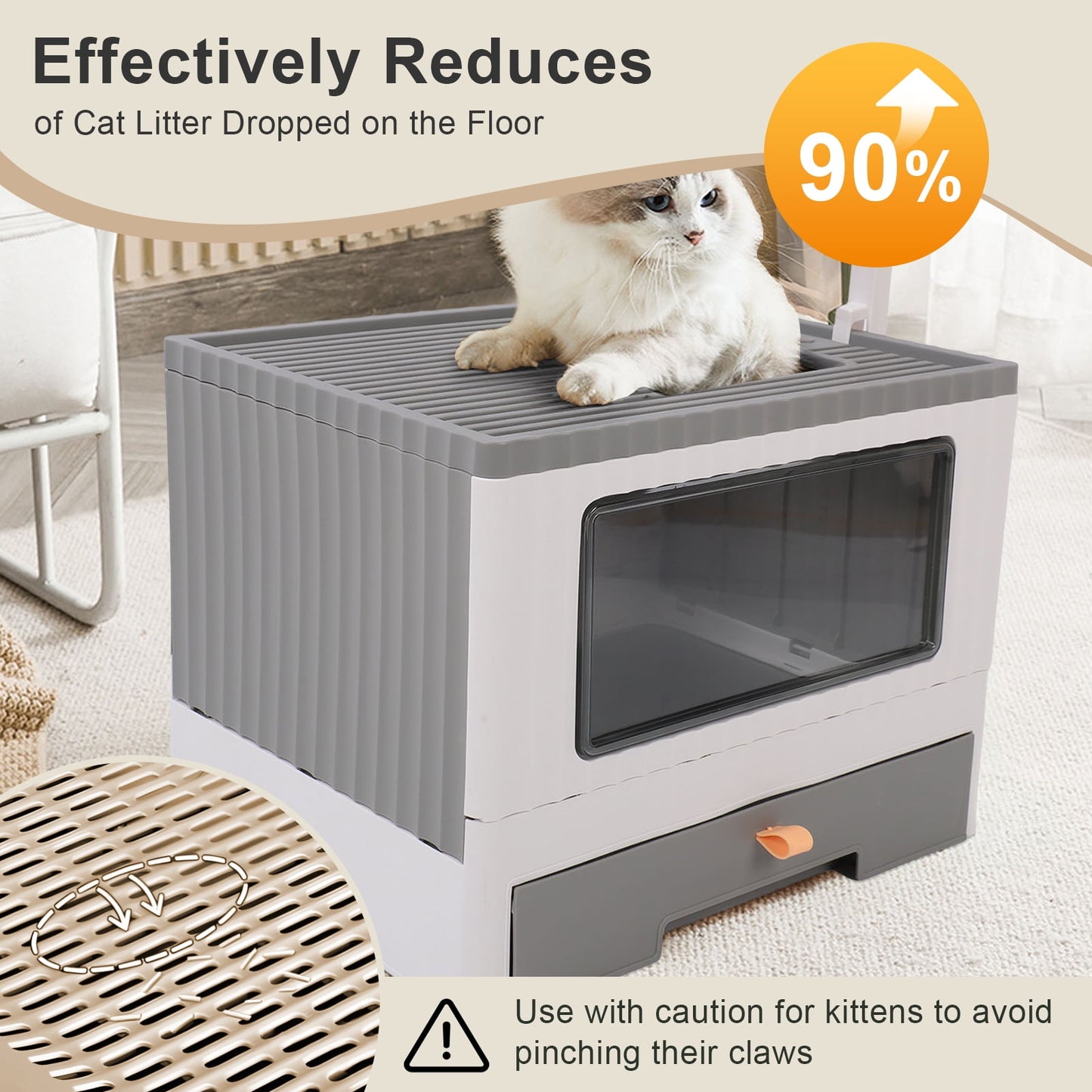 Enclosed Cat Litter Box Large with Lid Cover&Litter Scoop Foldable Cat Toilet Cat Self-Grooming Side Panel w/ Easy Cleaning Tray