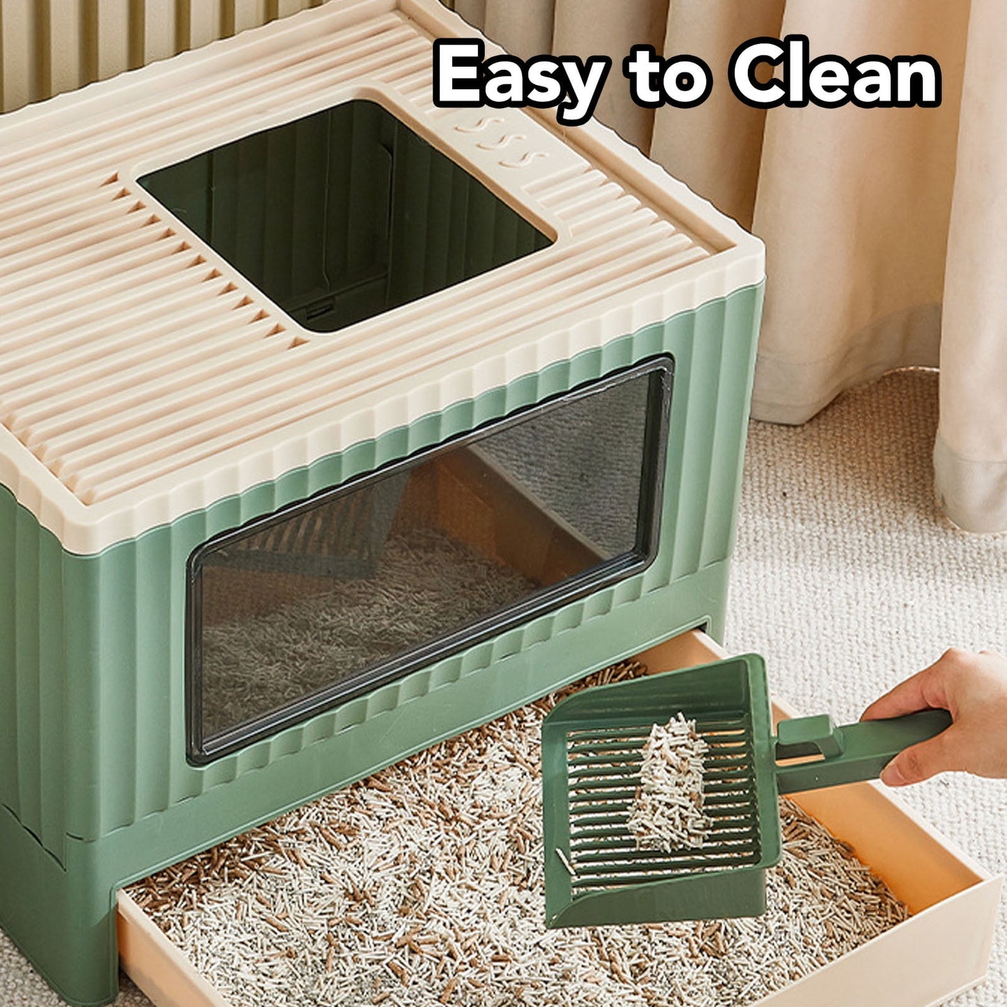 Enclosed Cat Litter Box Large with Lid Cover&Litter Scoop Foldable Cat Toilet Cat Self-Grooming Side Panel w/ Easy Cleaning Tray