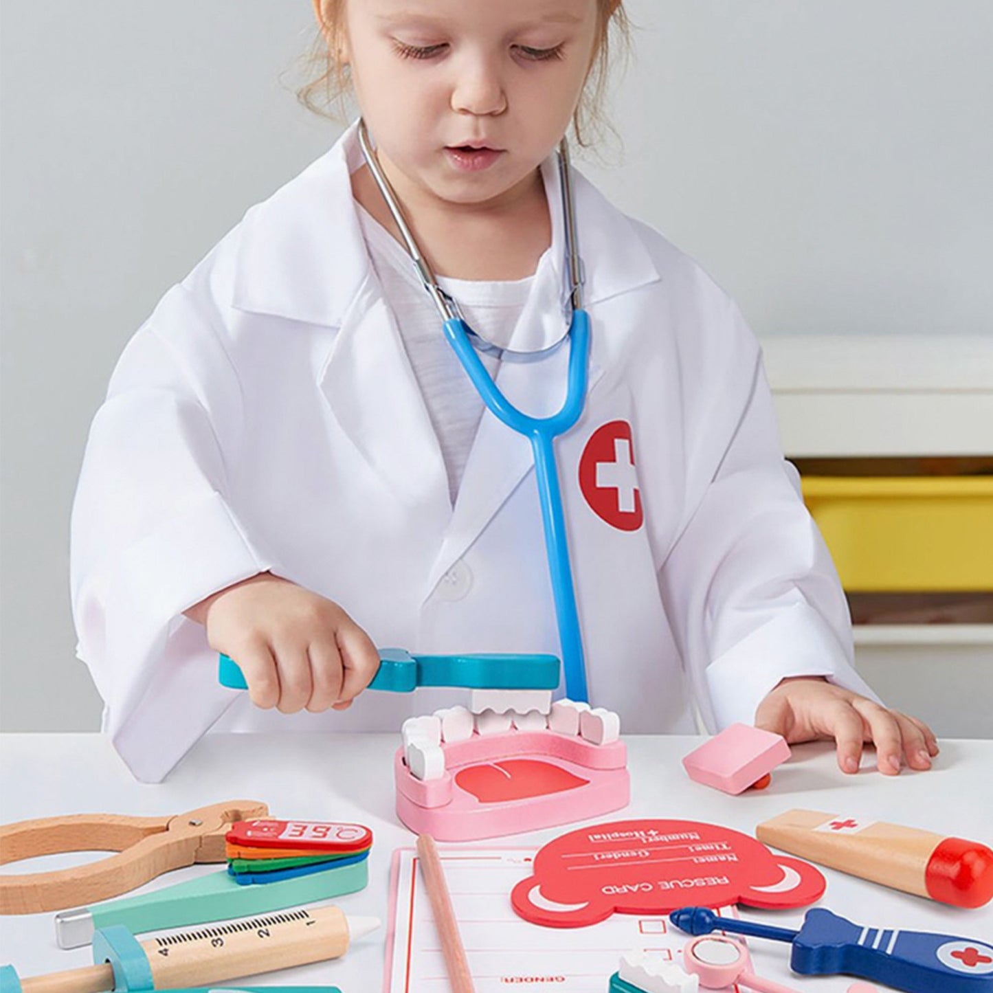 Kids Doctor Kit 50-Piece Wooden Pretend Play Doctor Playset with Carrying Case Stethoscope Pretend Role Play Medical Kit Toy for Toddlers Boys Girls 3 4 5 Years Old