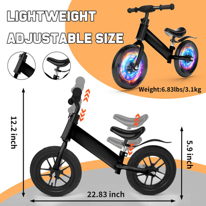 12 inch Kids Balance Bike with Colorful Lighting up Wheels No Pedal Bikes for Toddlers Boys Girls