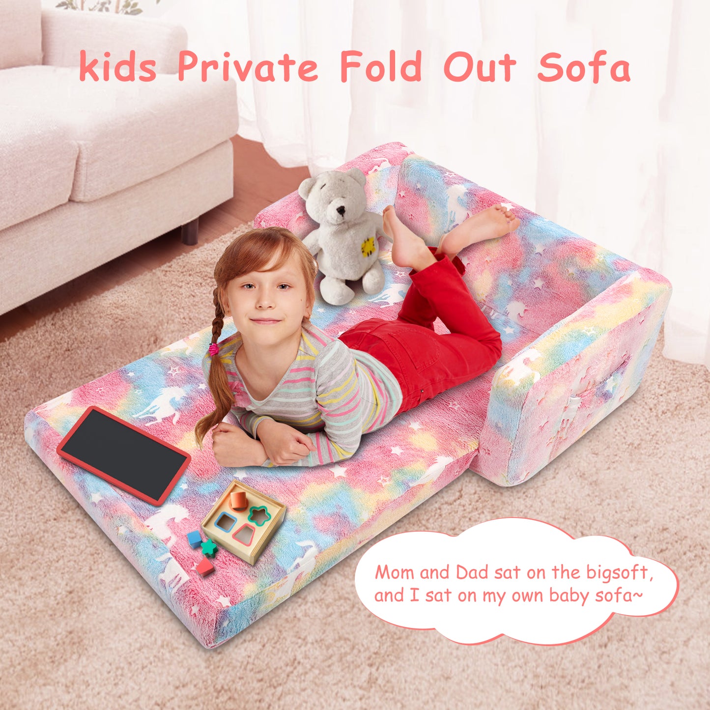 Toddler Couch, Toddler Chair Folding, Kids Couch 2 In 1, In The Dark Open Couch,Baby Convertible Sofa for Playroom Extra Wide Soft 2 Seats, Gifts For Kids, Sleeper For Girls Boys,Pink