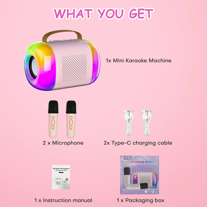 Karaoke Machine for Kids Adults, Mini Portable Karaoke Speaker with 2 Wireless Bluetooth Microphones & 2 Charging Cables, LED Lights, Birthday Gifts for Girls Ages 3-12 Toddler Toys, Pink