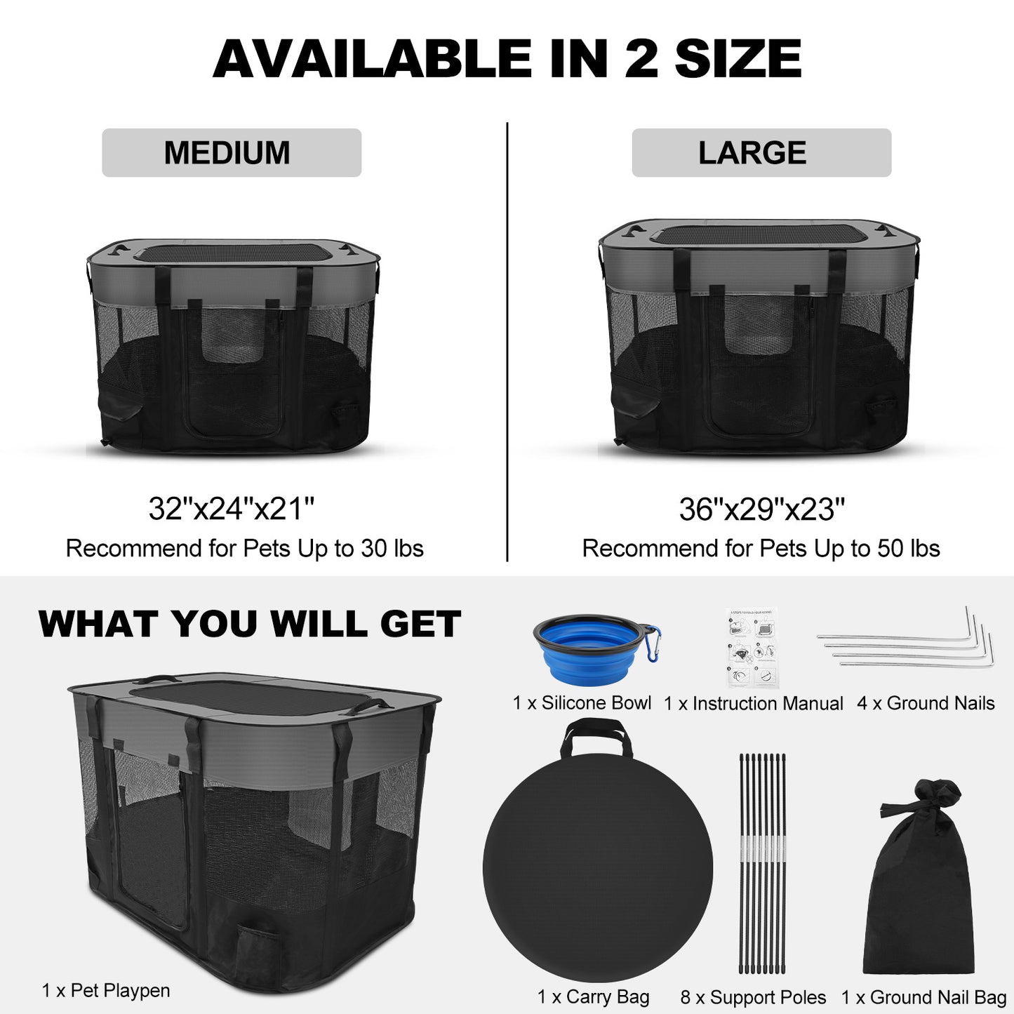 Dog Playpen, Portable Pet Playpen Tent Cage Kennel with Zipper Top Cover and Carring Bag, Foldable Cat Play Pens for Pubby,Kitten, Rabbit, Cat Kitten Puppy Rabbits Enclosure Crate for Indoor Outdoor Camping Travel