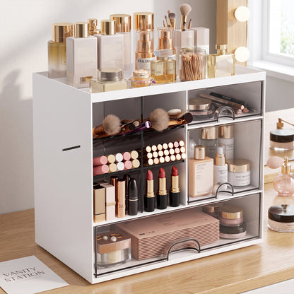 Makeup Organizer with Drawers for Vanity,Bathroom Countertop Organizer with Brushes Holder,Plastic Skincare Storage Organizer,Cosmetic Display Case Gift for Women Girl Mom