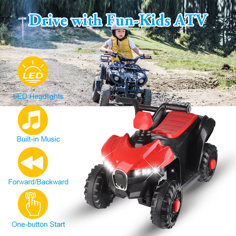 6V Ride on Toys, Kids Ride on ATV with LED Lights, Music, Horn, Electric Cars for Kids with High/Low Speed, Battery Powered Ride on Cars for Girls Boys 3-5 Years Old, Ideal Birthday Gift, Black+Red