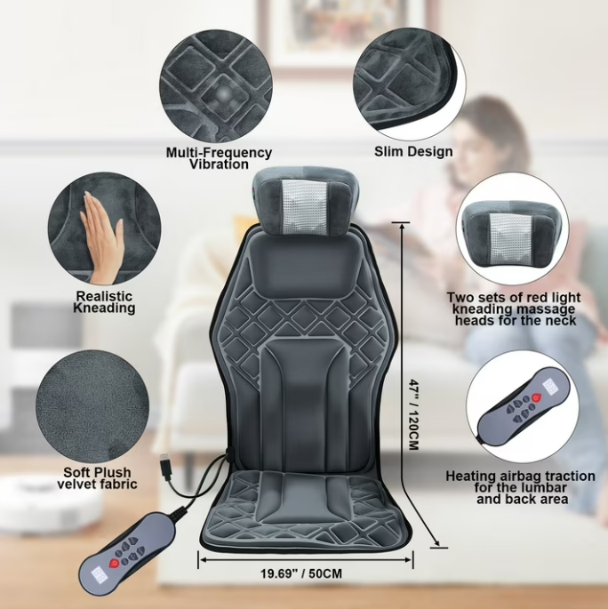 Seat Massager Cushion with Heat & Vibration, Deep Tissue Back & Neck Massage, Chair Pillow for Home, Office, Car