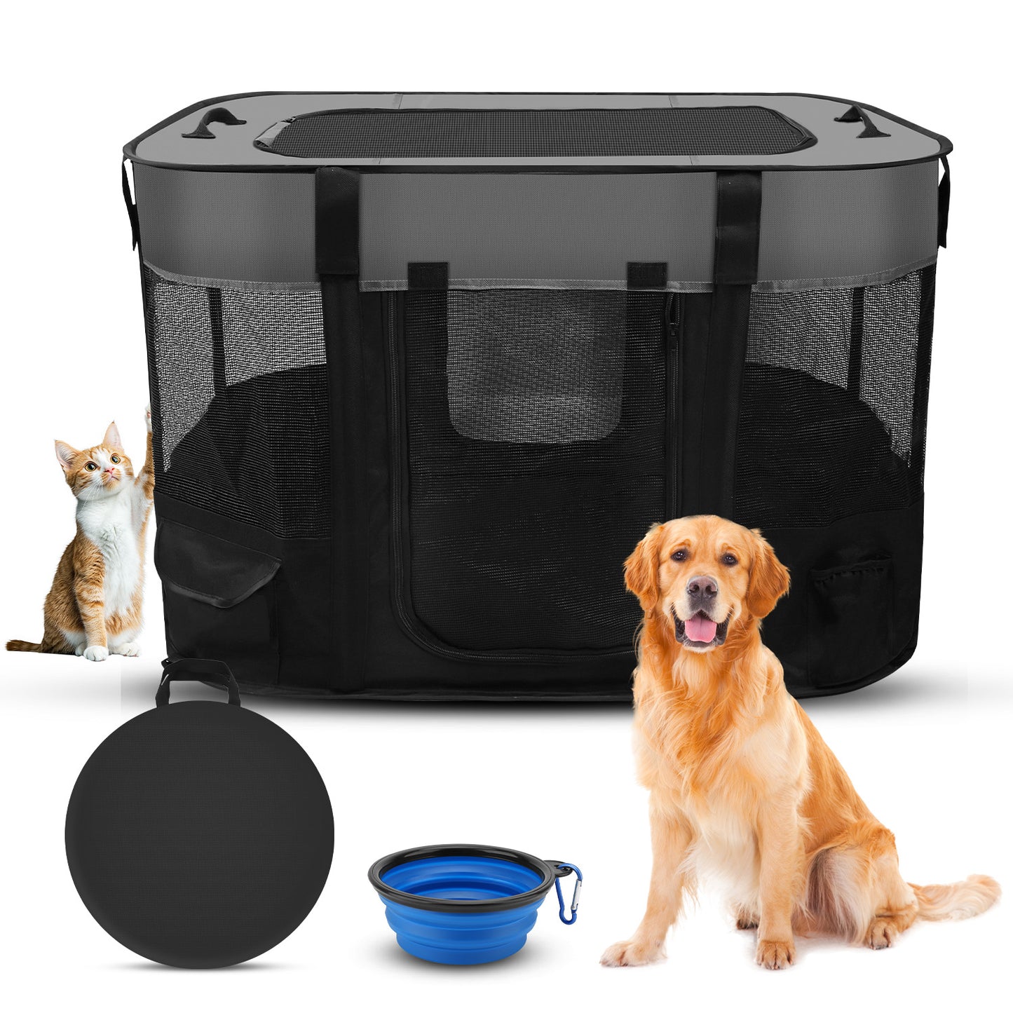 Dog Playpen, Portable Pet Playpen Tent Cage Kennel with Zipper Top Cover and Carring Bag, Foldable Cat Play Pens for Pubby,Kitten, Rabbit, Cat Kitten Puppy Rabbits Enclosure Crate for Indoor Outdoor Camping Travel