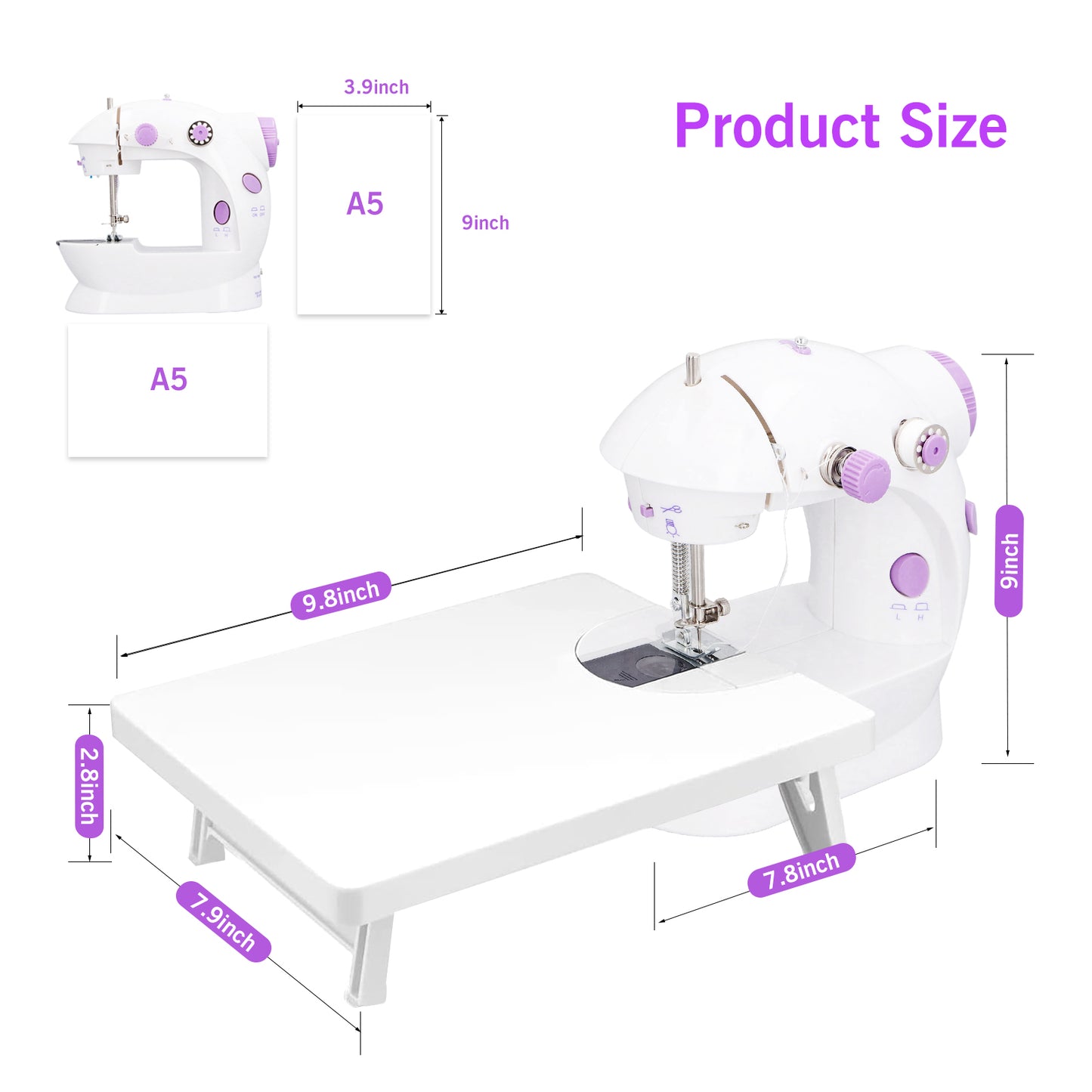 Dual Speed Portable Mini Sewing Machine With Extension Table, Stitch, Sewing Kit For Household