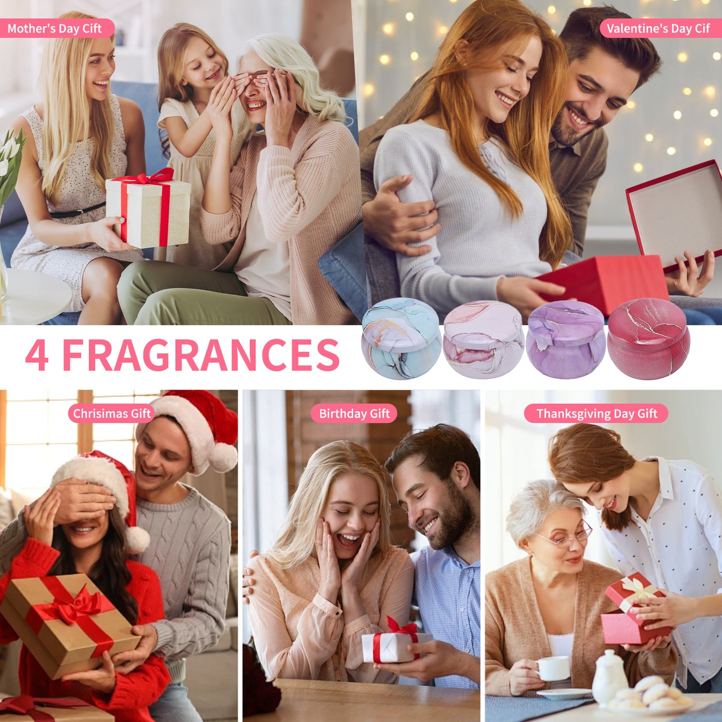 4 Pack Scented Candles Gift Set, Soy Wax Scented Somkeless Fragrance Candles 4.4 oz Strongly Fragrance for Stress Relief Birthday Valentine's Day Mother's Day Yoga Wedding