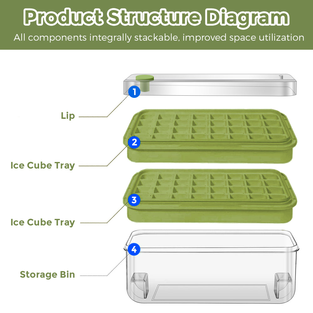 Ice Cube Tray for Freezer, 64 Nuggets Ice Cubes Molds with Lid and Bin, Silicone Ice Freezer Container, Spill- Removable Lid & Ice Scoop, for Whiskey,Cocktail ,Green
