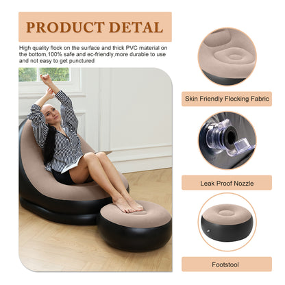 Portable Fast Inflatable Sofa Chair with Foot Stool & Air Pump, Folding Air Chair for Adults for Living Room, Room and Outdoor Camping Use,Coffee