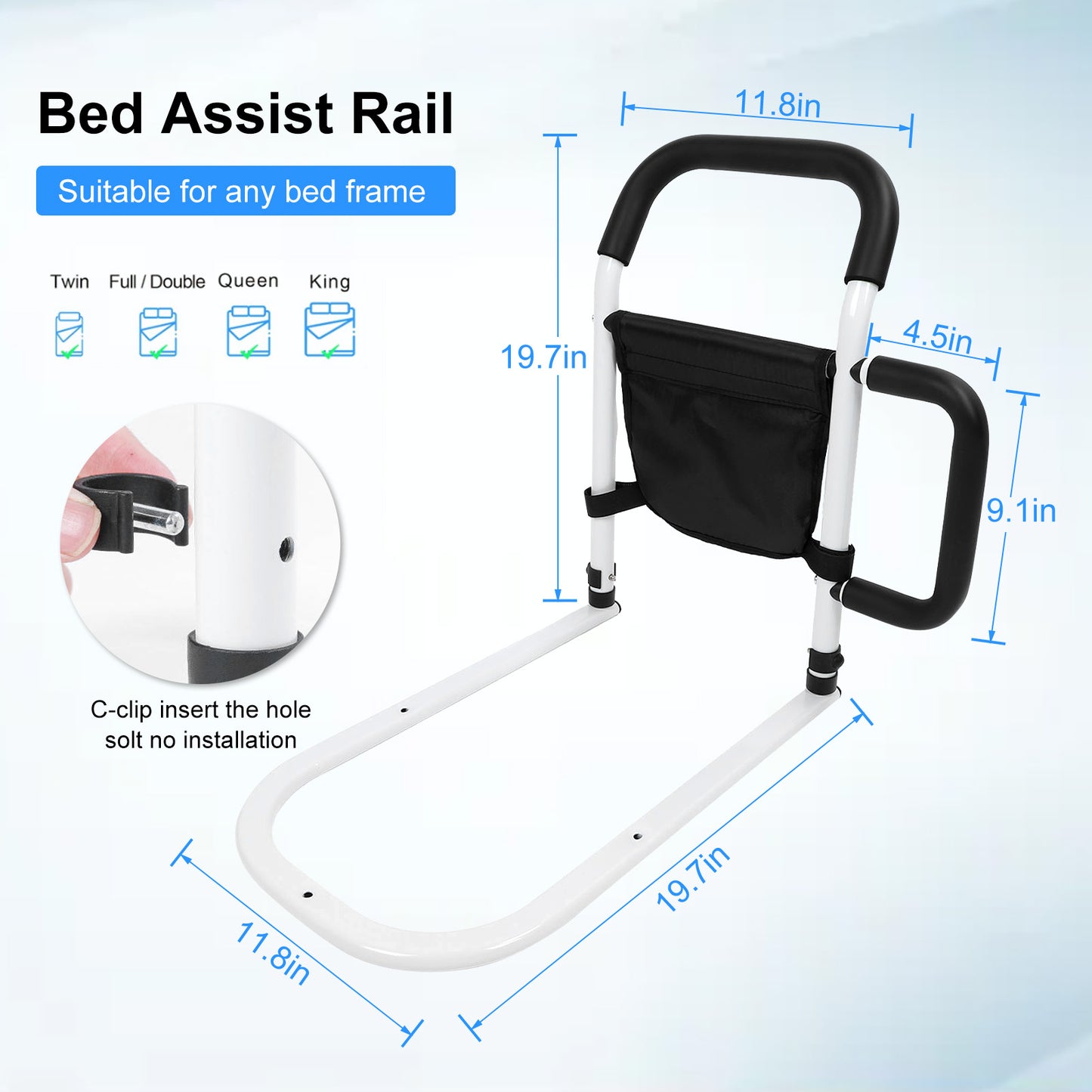 Bed Rails for Adults Seniors with Storage Pocket, Bed Assist Rail with Grab Bars for Easily Getting in & Out of Bed, Fits King, Queen, Full, Twin Bed, Support Up to 300lbs