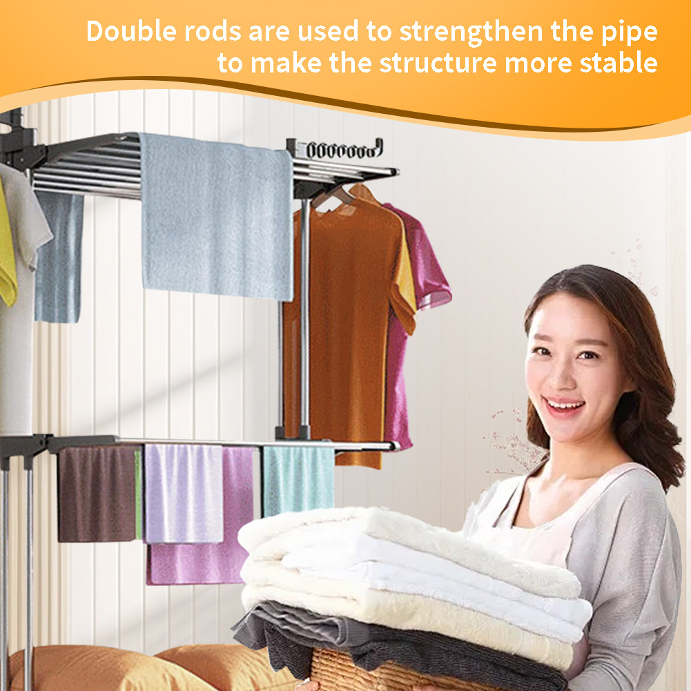 4-Tier Clothes Drying Rack w/ Casters, Clothes Dryer Hanger Stainless Steel Garment Laundry Racks Movable with Foldable Indoor Outdoor Bedroom Balcony