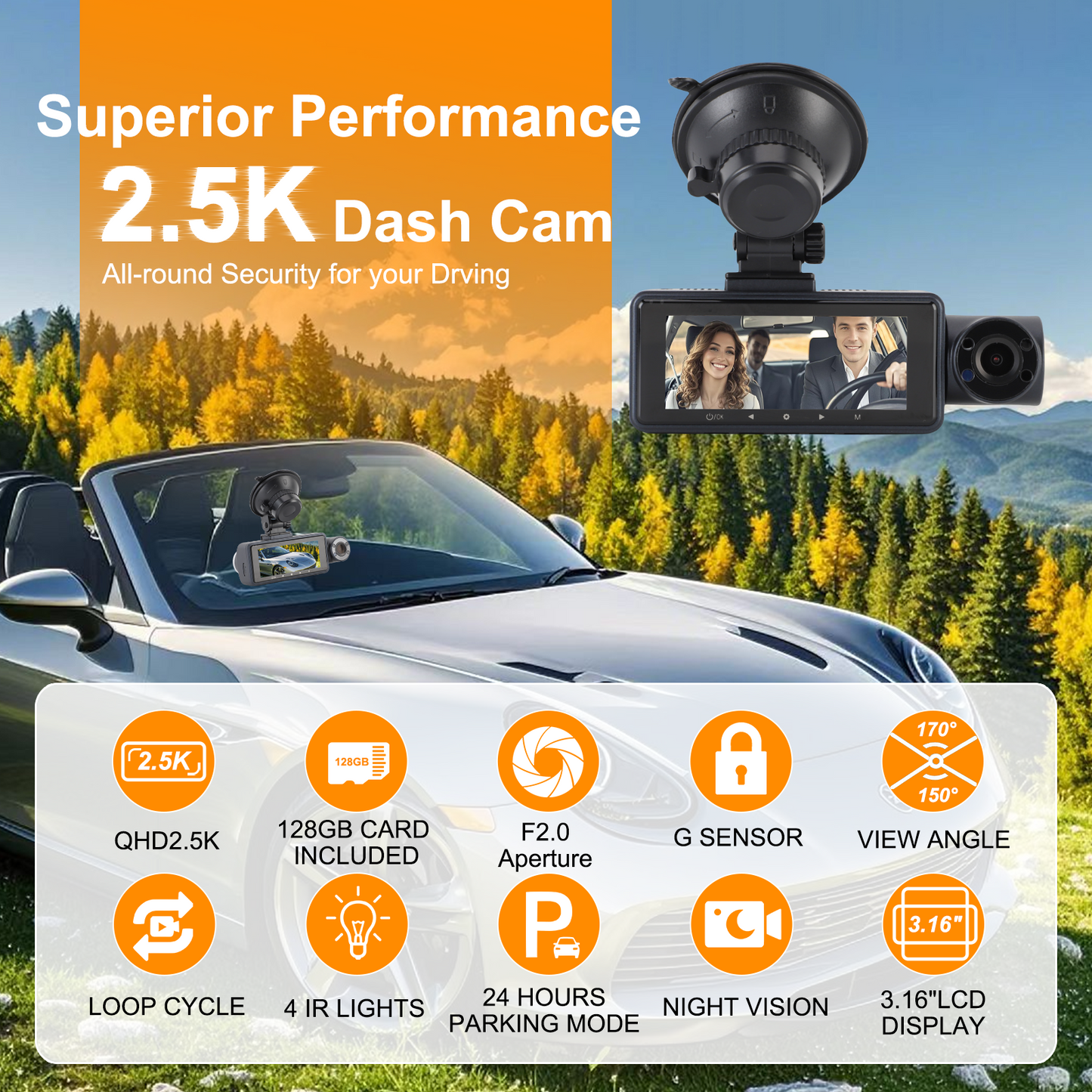 3 Channel Dual Dash Cam, Front Rear 4K/2.5K+1440P 3.16" Full HD With 64GB Card Car Dashboard Recorder IPS Screen ,Night Vision Wide Angle, G-Sensor, 24H Parking, Loop
