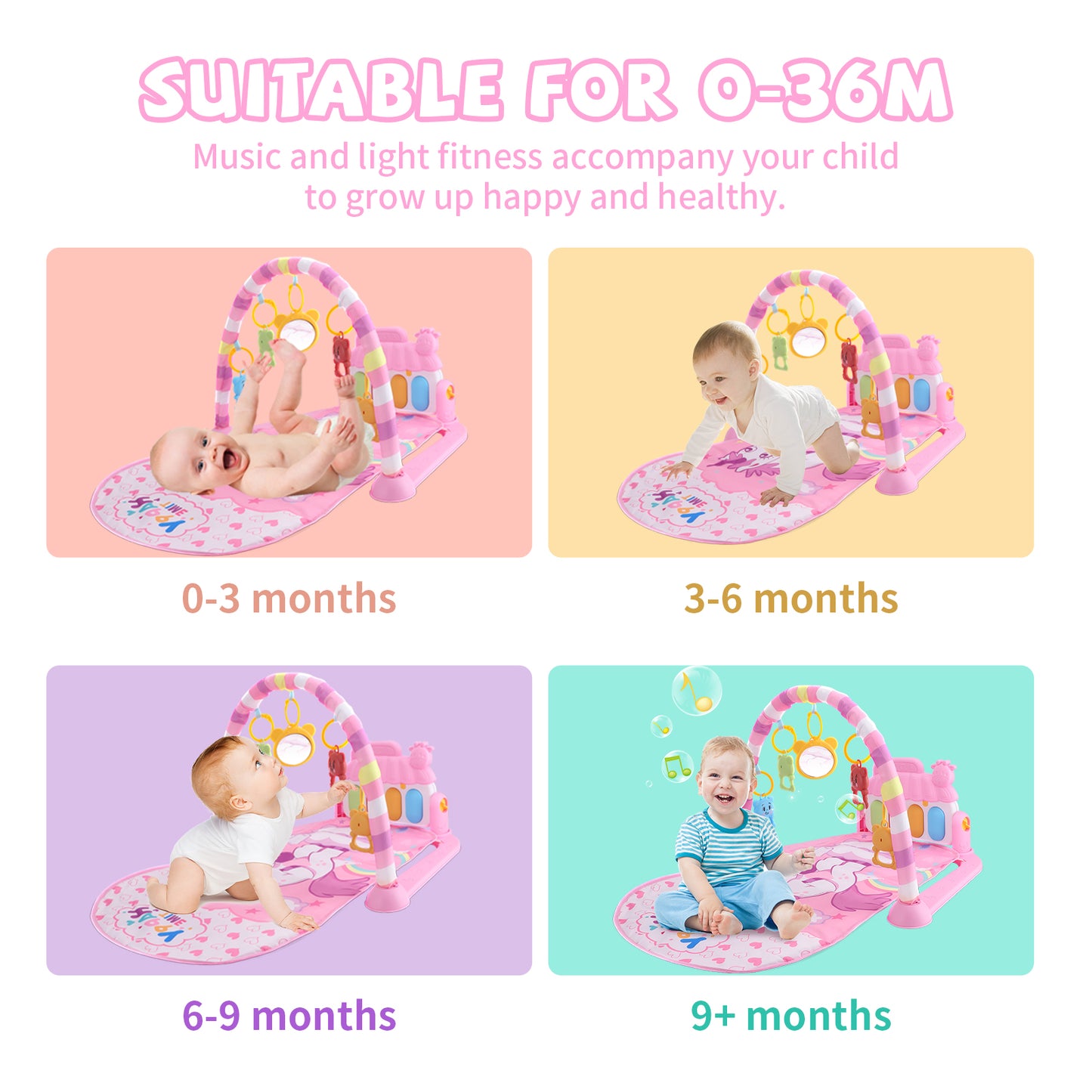 Baby Play Mat with Piano, Musical Activity Fitness Gym for Newborn, Infant Playmat Piano Suitable for 0-3 Year Boys and Girls Tummy Time, Pink