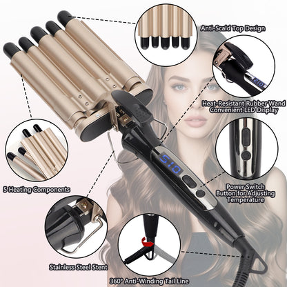 5 Barrel Hair Curling Iron, Digital Display Long Lasting US Plug 110-240V 5 Barrel Hair Crimper Iron For Daily Use