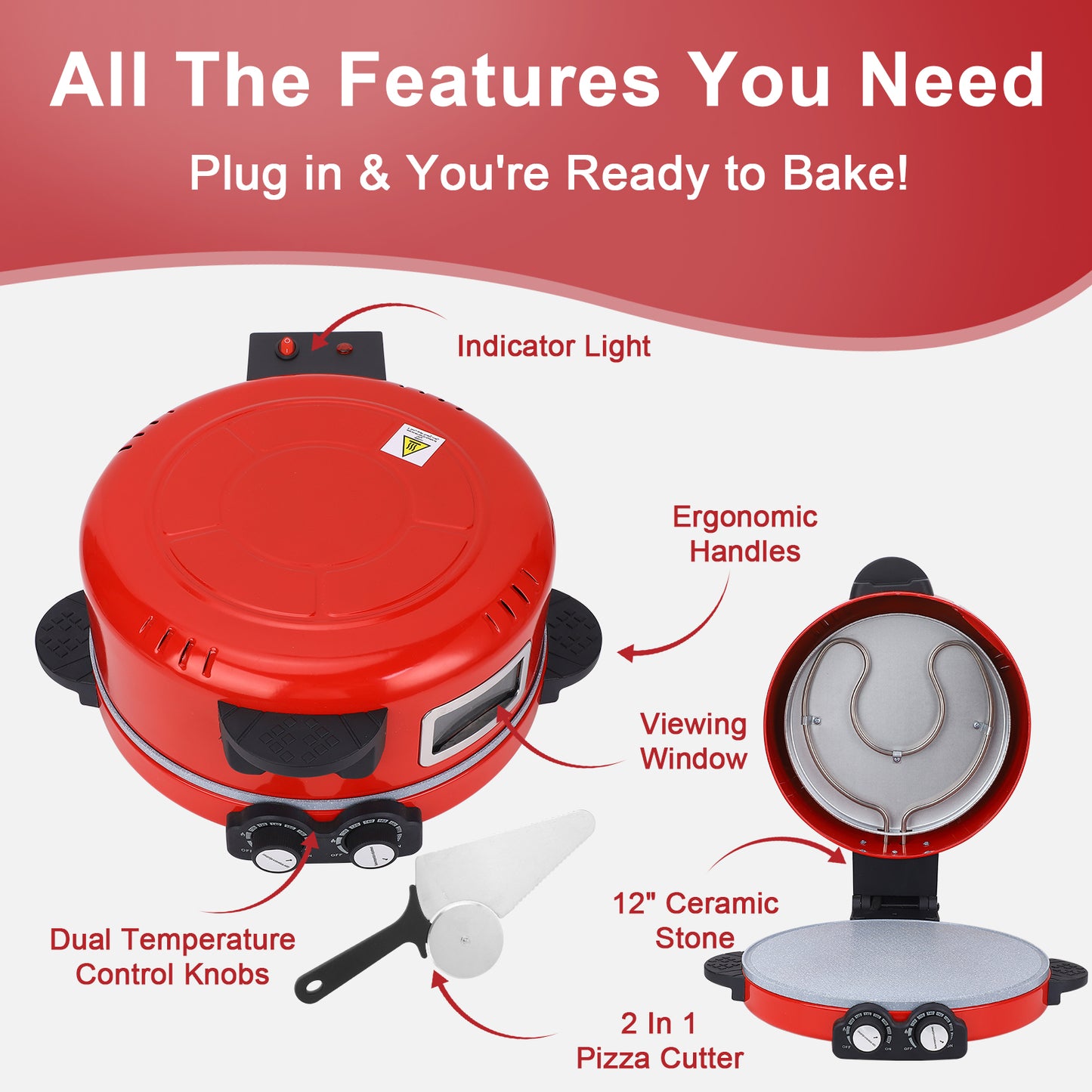 Pizza Oven 12" Visual Window Pizza Maker Machine 1800W Pizza Cooker For Kitchen Countertop Dual Temperature Control Up To 440 Degrees Celsius Red