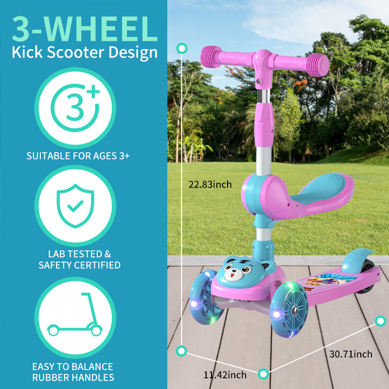 3 Wheel Scooter for Kids, Foldable Kids Kick Scooter with Adjustable Height and Light Up Wheels, Green Kids Scooter with Rear Brake and Music, Ride on Toys for for Girls Boys Kids Ages 3 and up