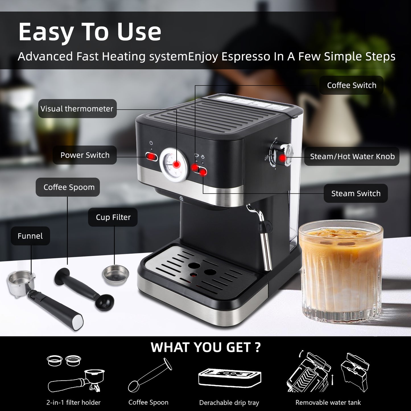 Espresso Machine 20 Bar, 1.5L Water Tank Pressure Gauge Milk Frother Steam, Stainless Steel Coffee Maker for Espresso, Latte, Mocha, Americano, 1050W, Black