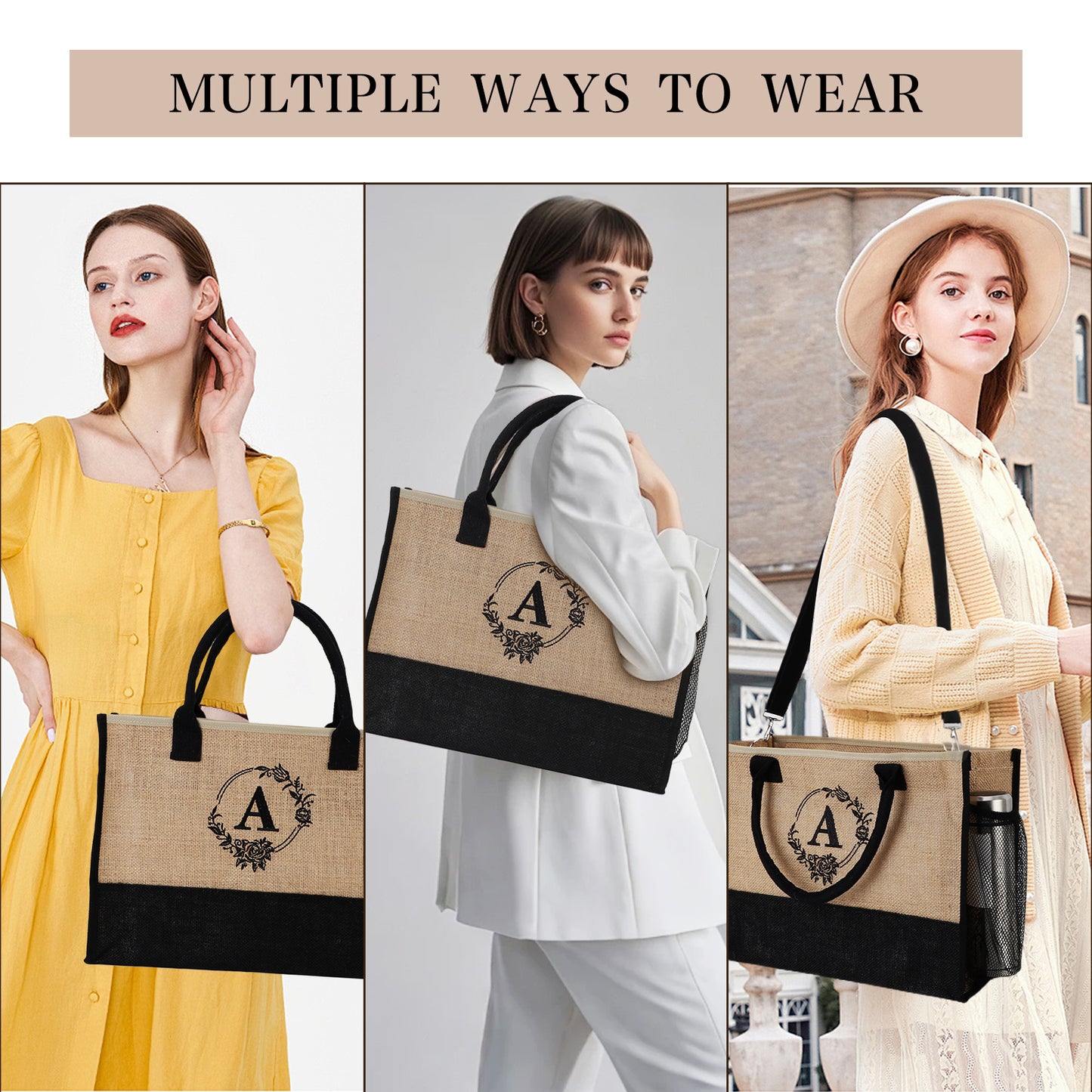Initial Jute Tote Bag Set for Women, Makeup Bag with Pockets Adjustable Strap, Beach Tote Bag Travel Essential for Mothers Day Birthday Gifts