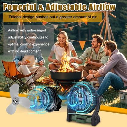 Camping Fan with LED Light & Hook Portable Fan USB Rechargeable Fan 4 Speeds for Outdoor Tent Travel Picnic Fishing Office
