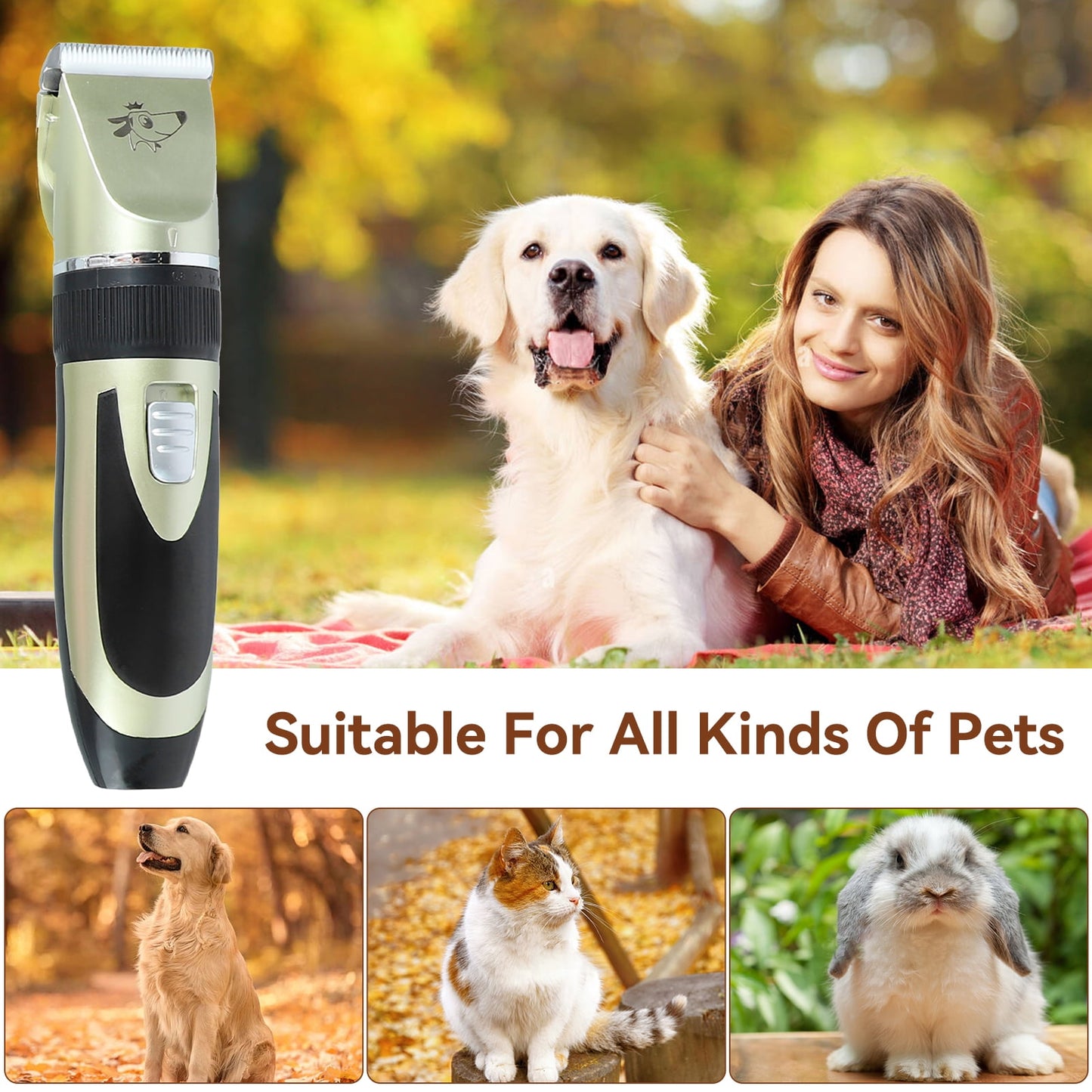 Cordless Dog Clippers Kit for Grooming, Electric Pets Hair Trimmers with 4 Comb Guides, USB Rechargeable Quiet for Thick Coats Dogs Cats